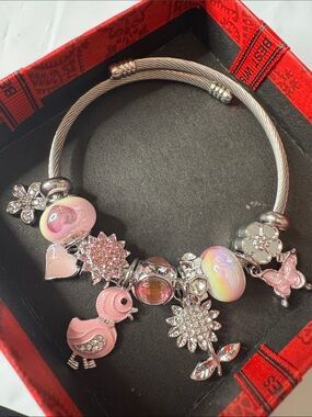 Silver-Tone Pink Charm Bracelet with Pastel Glass Beads